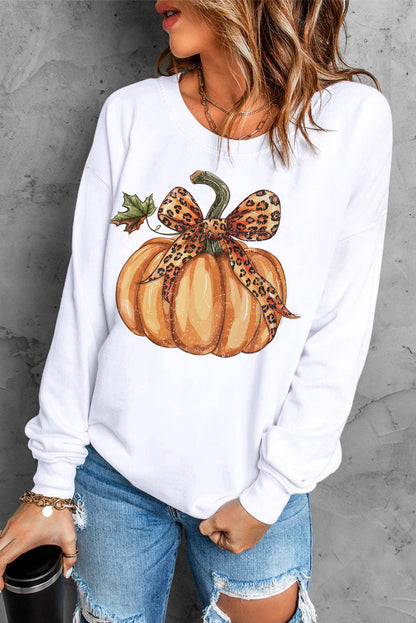 Leopard Bowknot Pumpkin Graphic Crewneck Sweatshirt | Beige