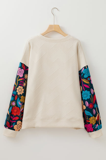 Floral Patchwork Sleeve Textured Plus Size Pullover Top | White