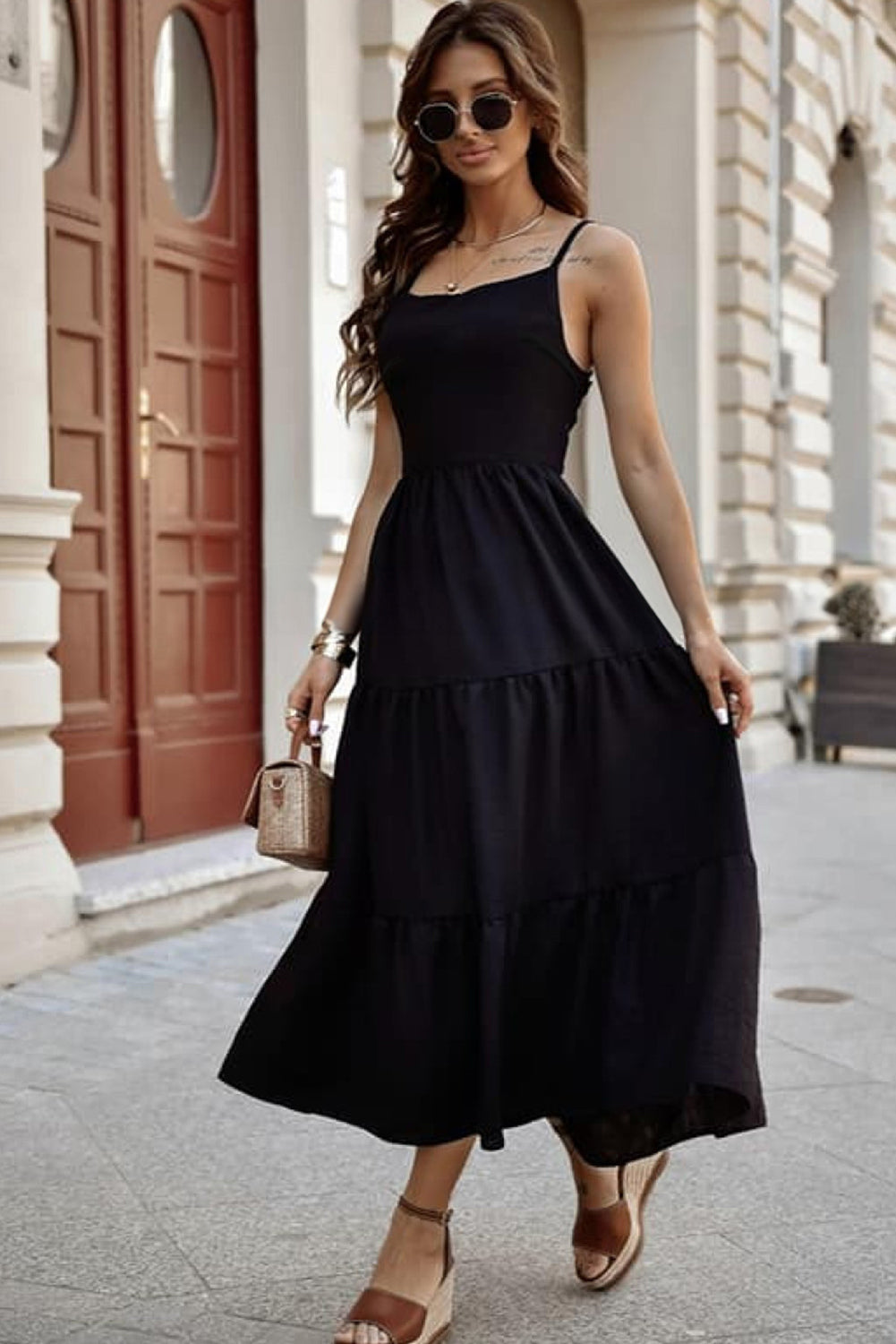 Crossover Backless Bodice Tiered Maxi Dress | Black