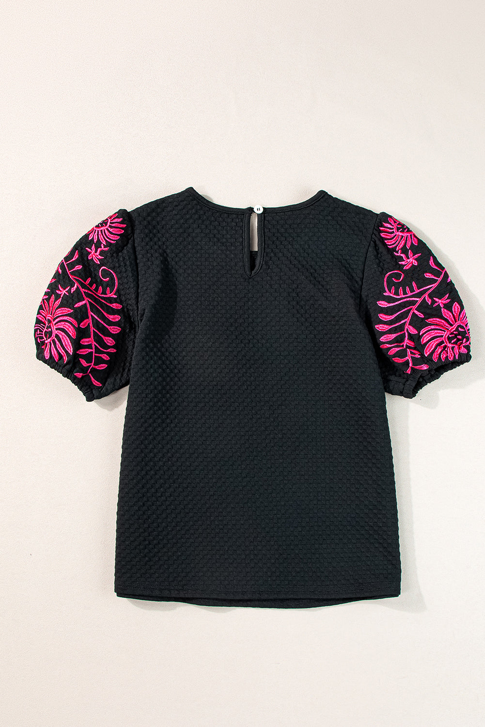 Floral Embroidered Textured Puff Sleeve T Shirt | Black