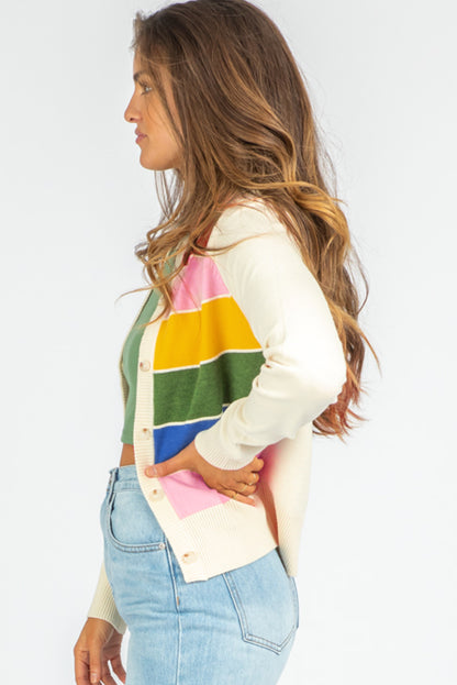 Colourful Pattern Button Front Sweater Cardigan | White Stripe