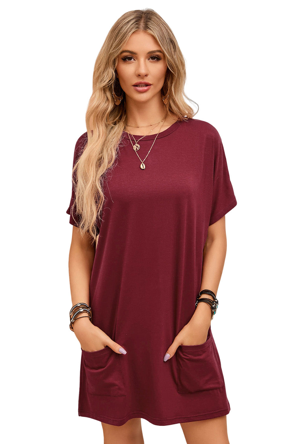 Side Pockets Short Sleeve Tunic Top | Red