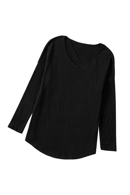 Solid Colour V Neck Long Sleeve Knit Top | Black