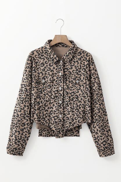 Leopard Print Corduroy Irregular Hem Buttoned Jacket | Dark Khaki