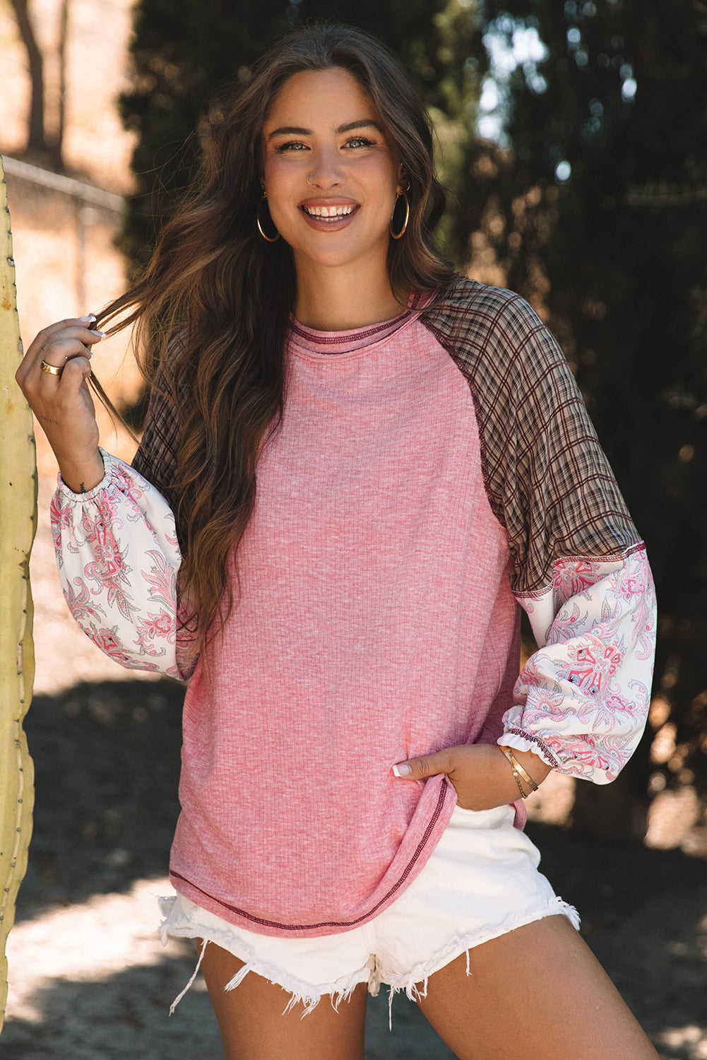 Mixed Print Raglan Sleeve Ribbed Knit Patchwork Blouse | Fushia