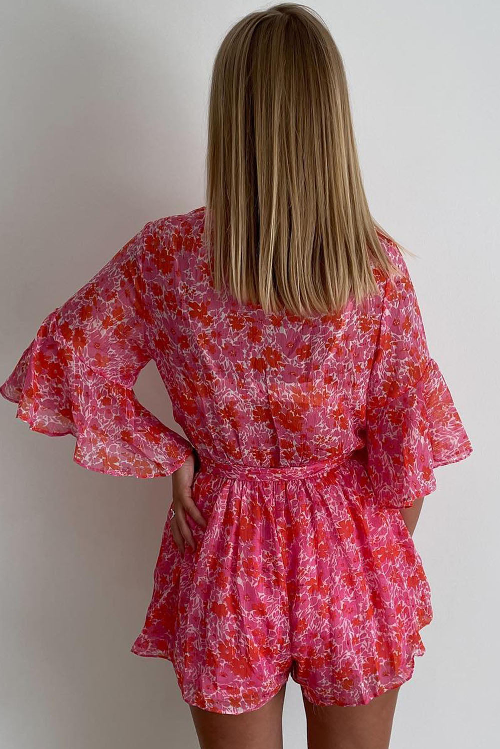 V Neck Ruffled Sleeve Floral Romper | Pink