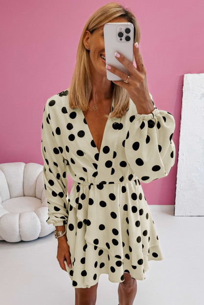 Polka Dot Printed Surplice V Neck Puff Sleeve Mini Dress | Beige