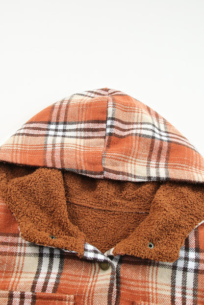 Plaid Pattern Sherpa Lined Hooded Shacket | Orange