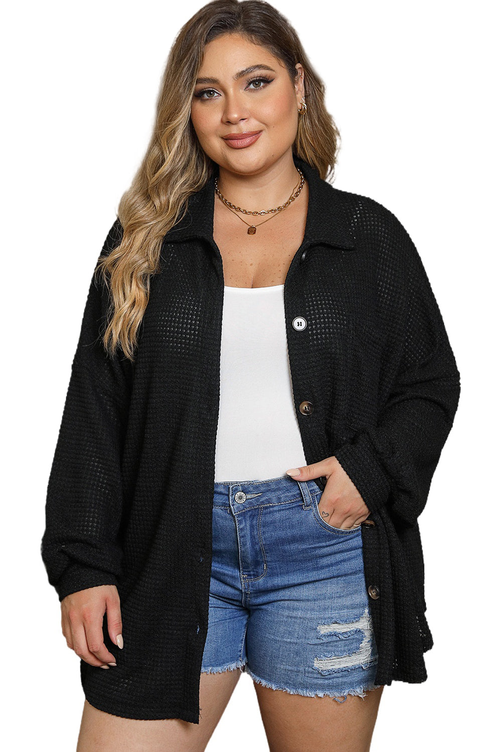 Plus Size Chest Pocket Waffle Knit Shirt | Black