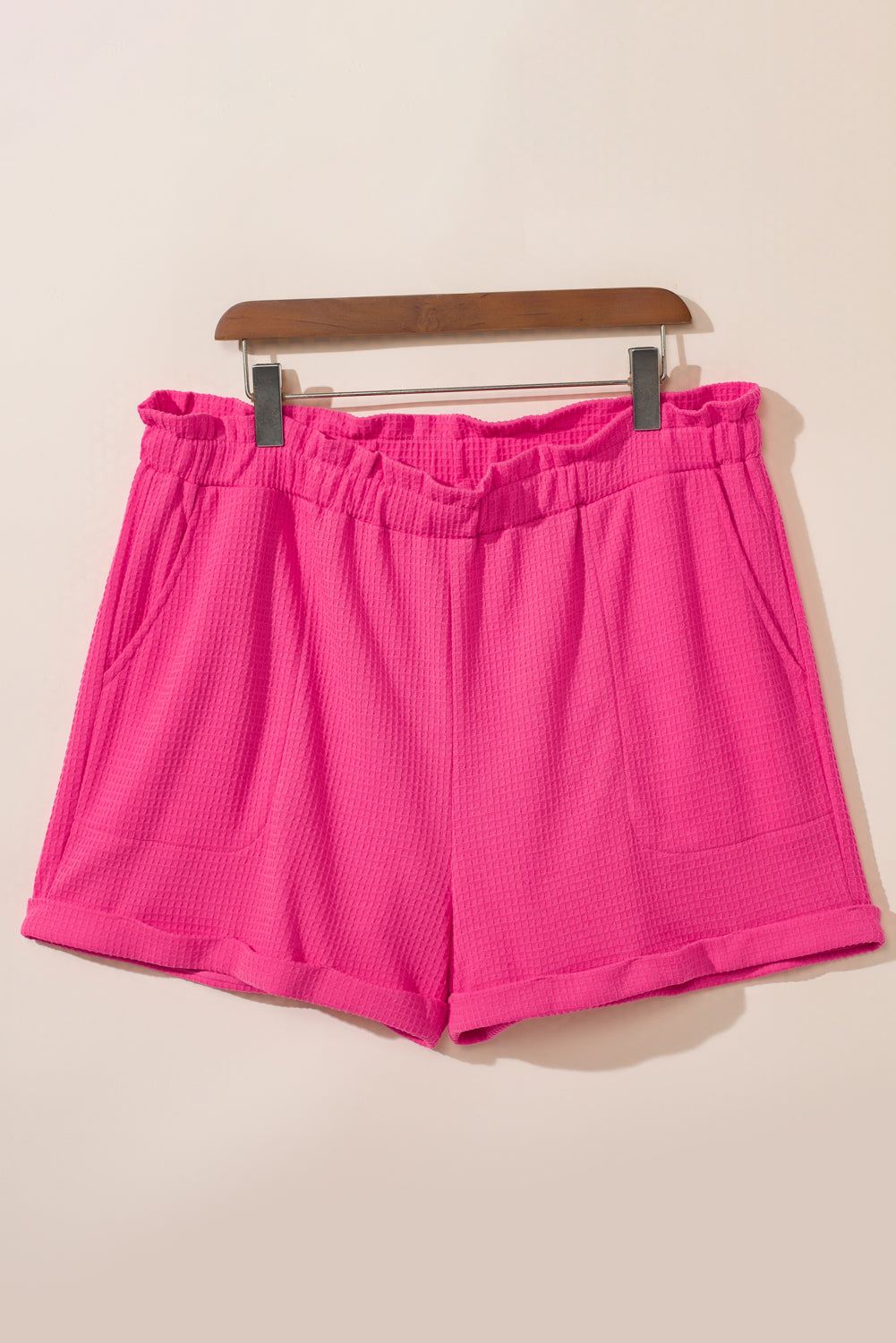 Plus Size Rolled Edge Ruffled Elastic Waist Textured Shorts | Bright Pink