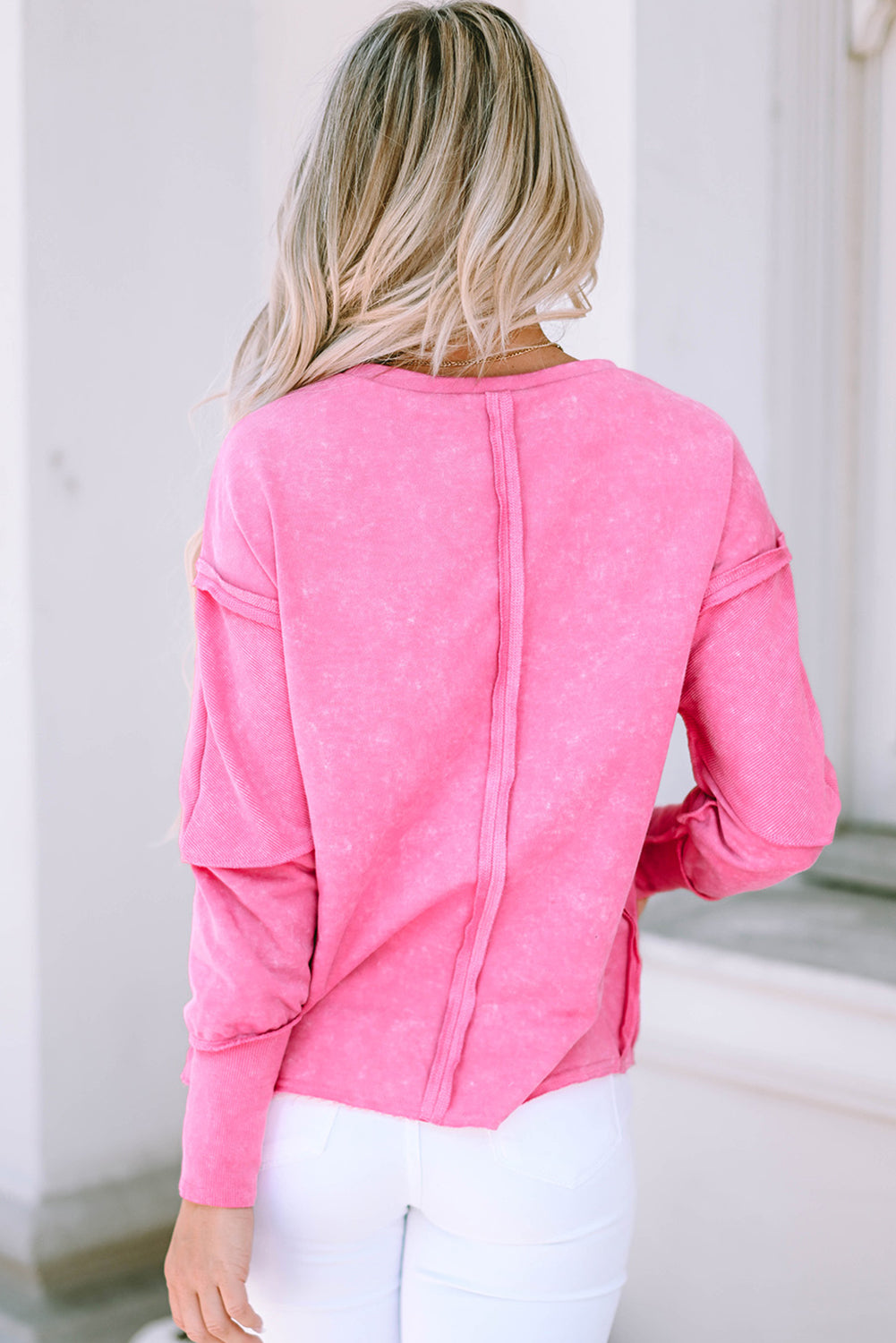 Sequin Heart Shaped Exposed Seam Pullover Sweatshirt | Rose