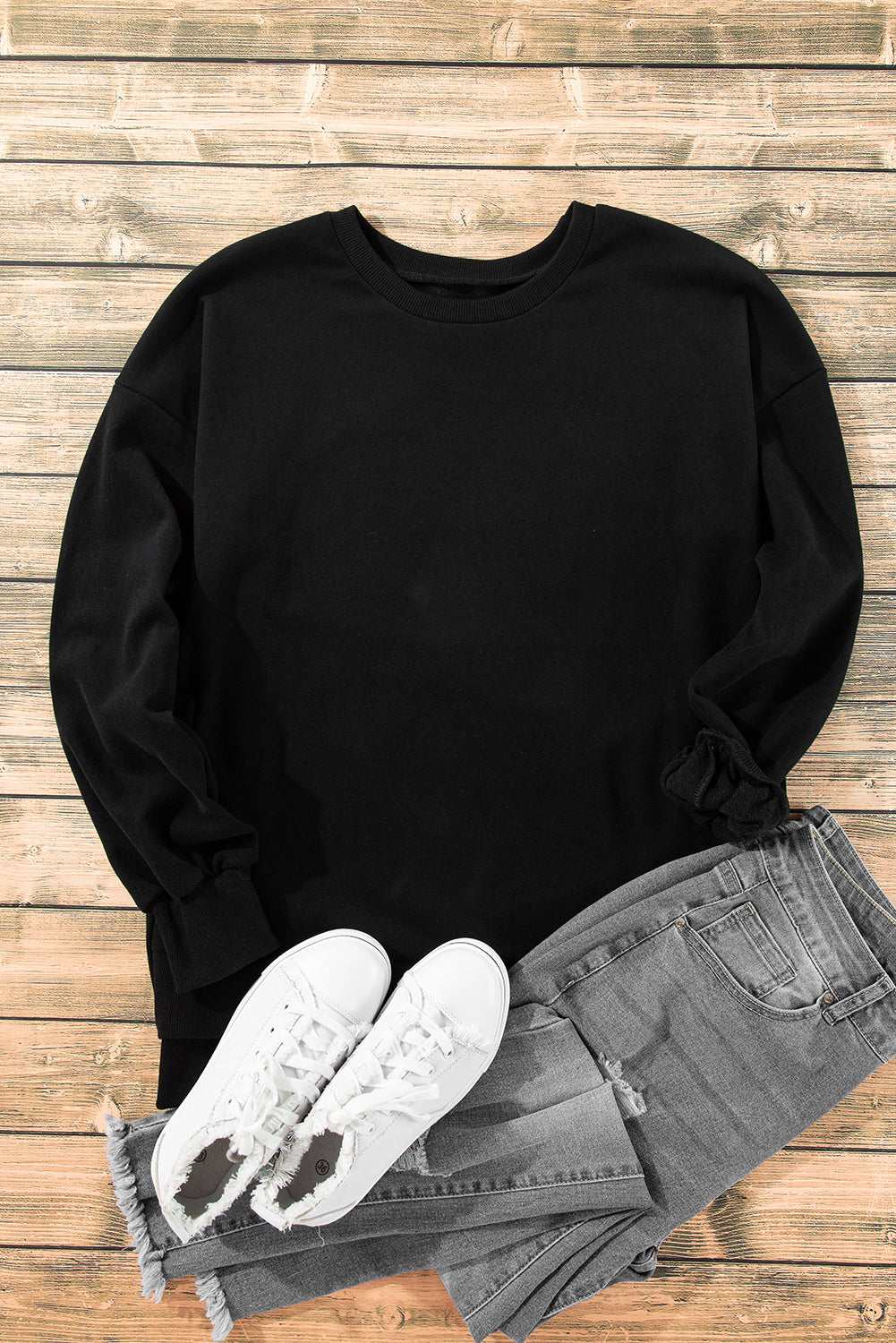 Solid Fleece Lined Drop Shoulder High Low Sweatshirt | Black