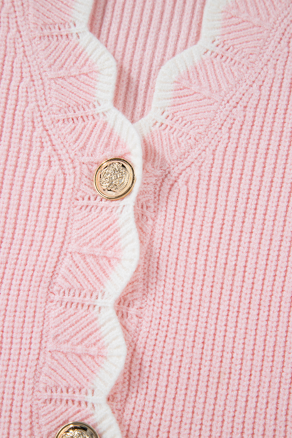 Ribbed Knit Scalloped Edge Side Pockets Buttoned Cardigan | Pink