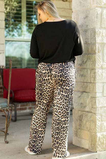 Leopard Patched Pocket Long Sleeve Top Plus Size Pants Set | Black