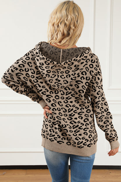 Leopard Knitted Drawstring Hooded Sweater | Khaki