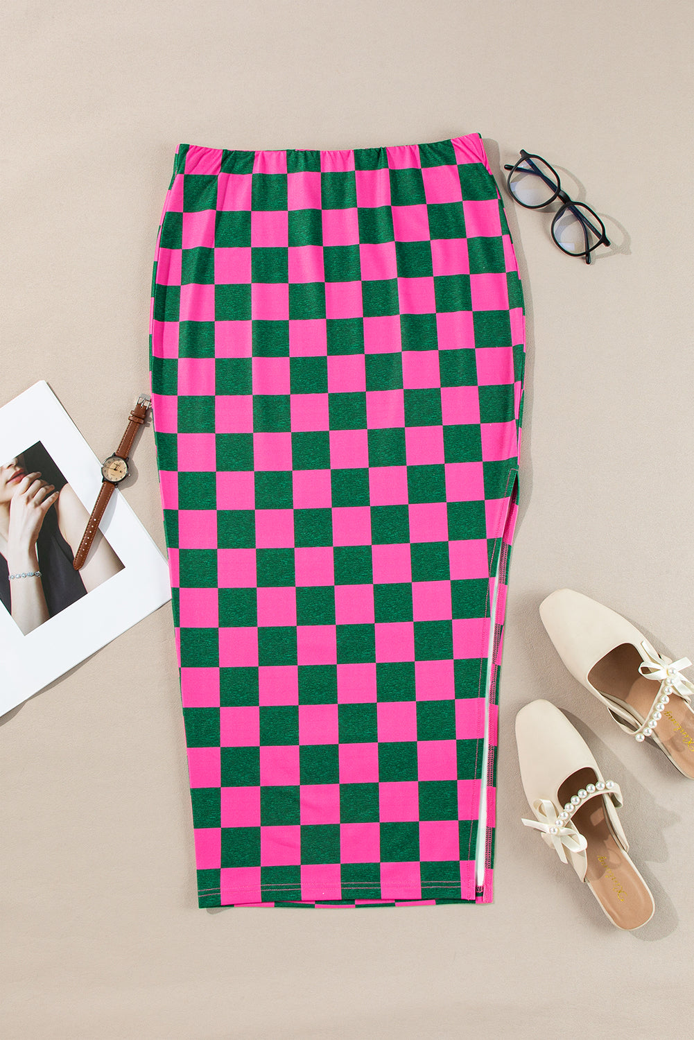 Checkered Print Side Slit High Waist Midi Skirt | Rose