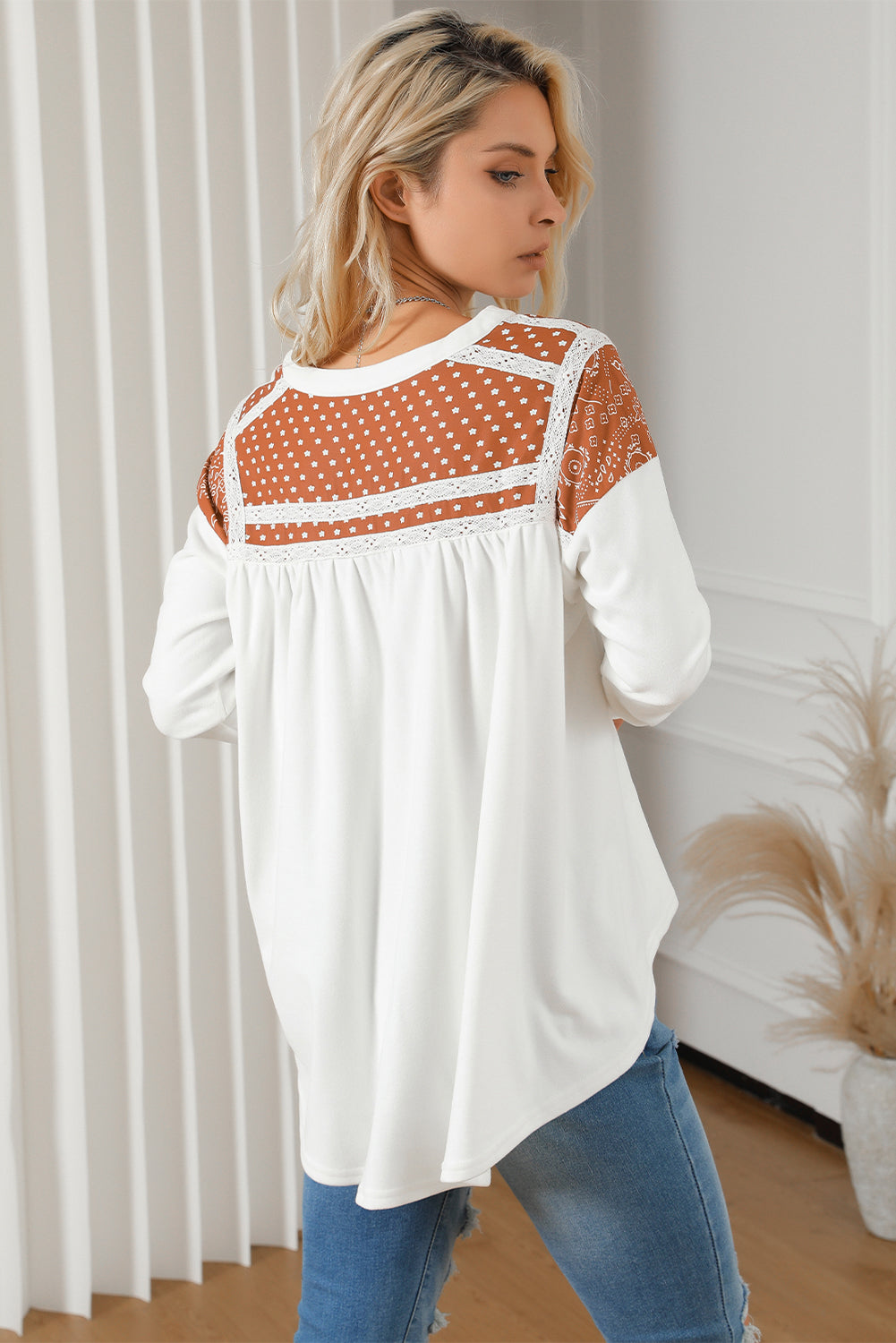 Contrast Crochet Lace Henley Top | White