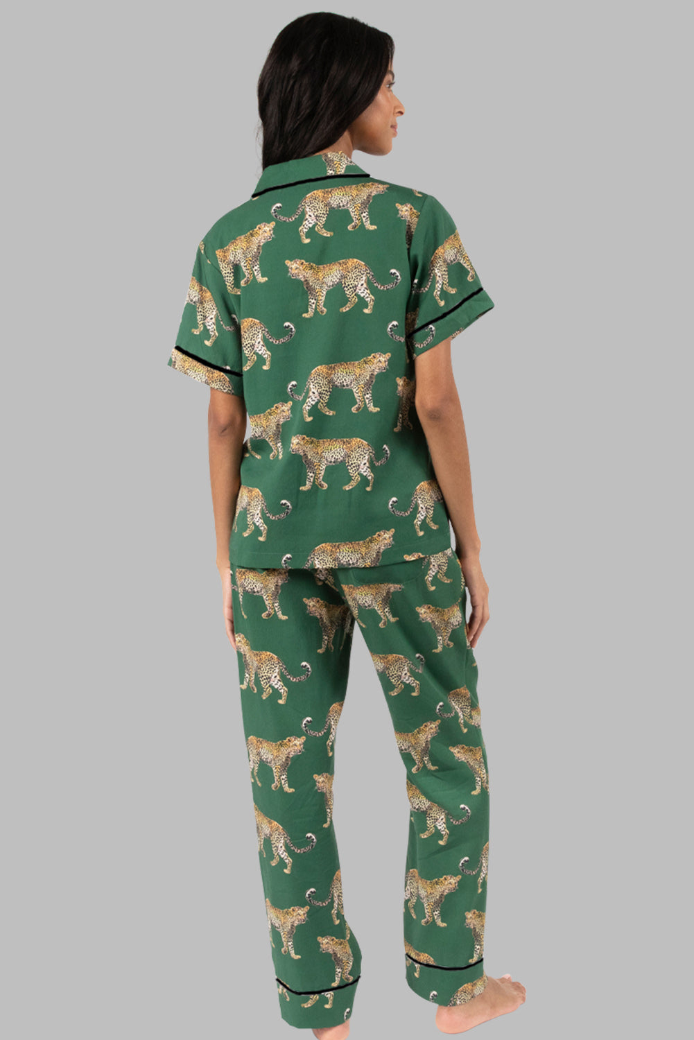 Cheetah Print Short Sleeve Shirt And Pants Pajama Set | Green