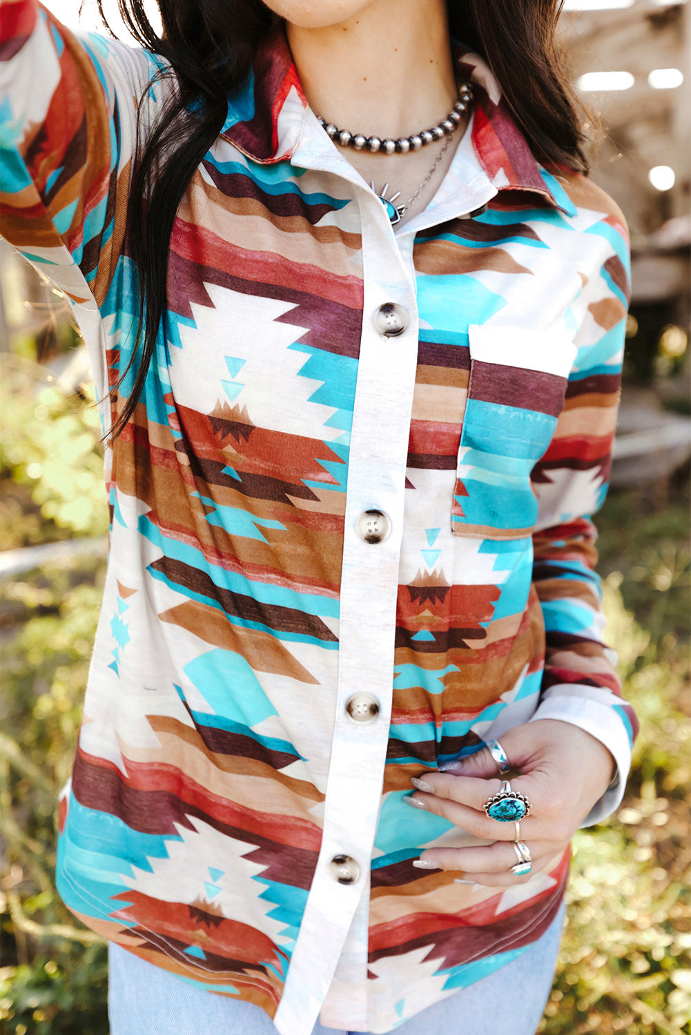 Aztec Print Buttoned Pocket Chest Long Sleeve Shirt | Multicolour