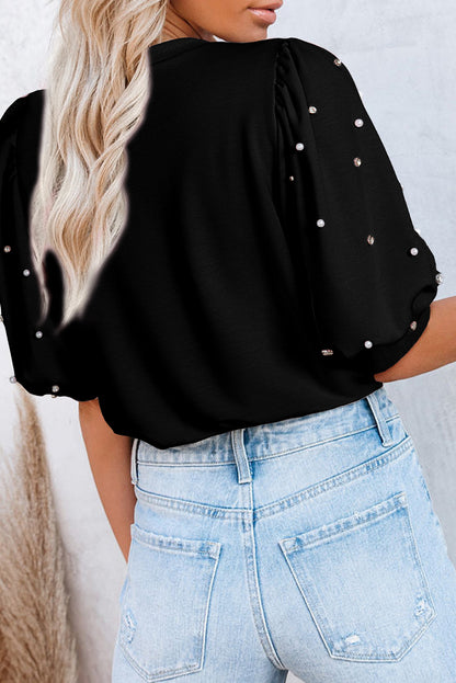 Rhinestone Pearl Puff Half Sleeve Top | Black