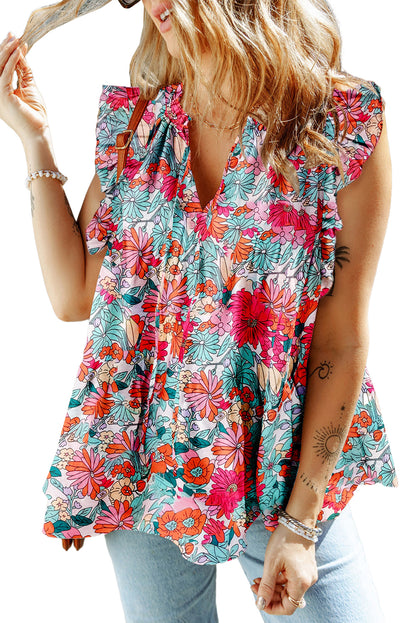 Floral Print Drawstring V Neck Ruffled Tank Top | Rose Red