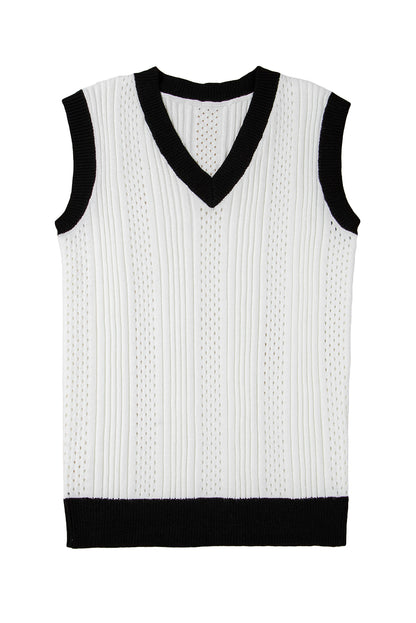 Contrast Trim Eyelet Knit Colourblock V Neck Sweater Vest | White