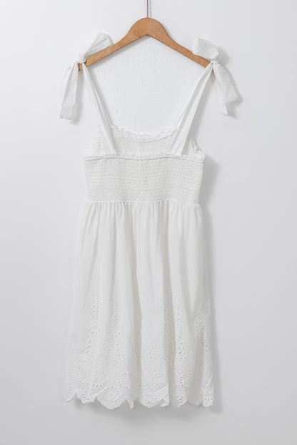 Adjustable Tie Straps Smocked Mini Dress | White