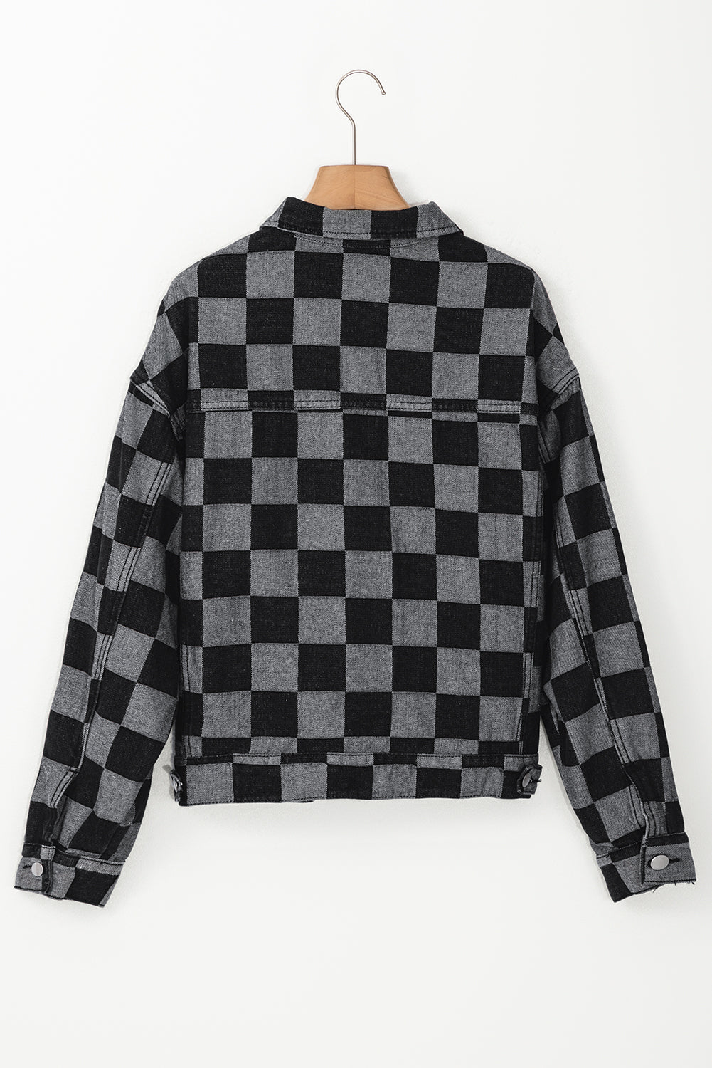 Checkered Patchwork Button Up Denim Jacket | Black