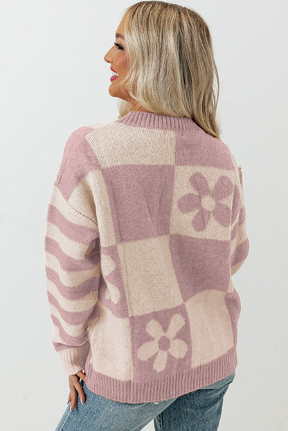 Checkered Floral Print Striped Sleeve Sweater | Orchid Petal