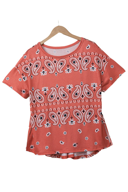 Paisley Print Side Slits Crew Neck T Shirt | Red