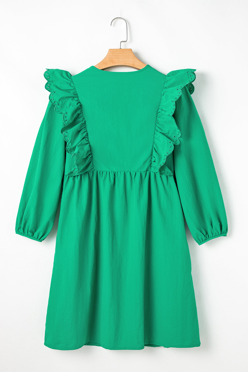 Embroidered Ruffled Trim 3/4 Sleeve V Neck Mini Dress | Bright Green