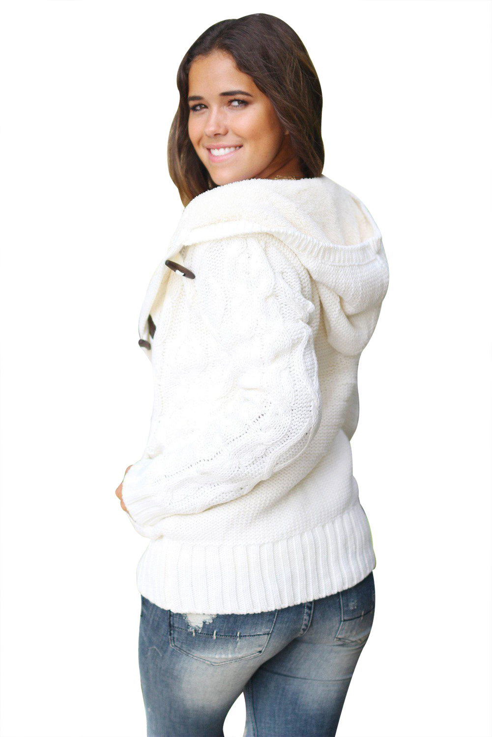 Fur Hood Horn Button Sweater Cardigan | White