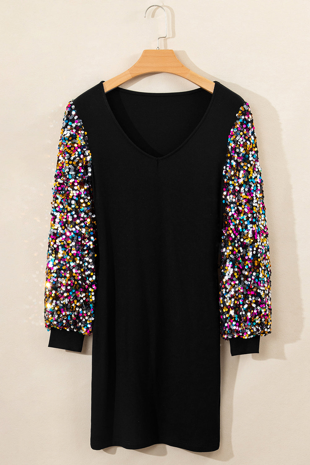 Sequin Bishop Sleeve U Neck Mini Sweater Dress | Black