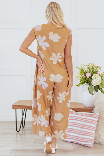 Floral Print Sleeveless Button Up Wide Leg Loose Jumpsuit | Khaki