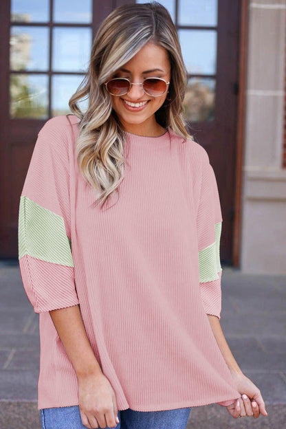 Colour Block Ribbed Knit Quarter Sleeve Top | Light Pink