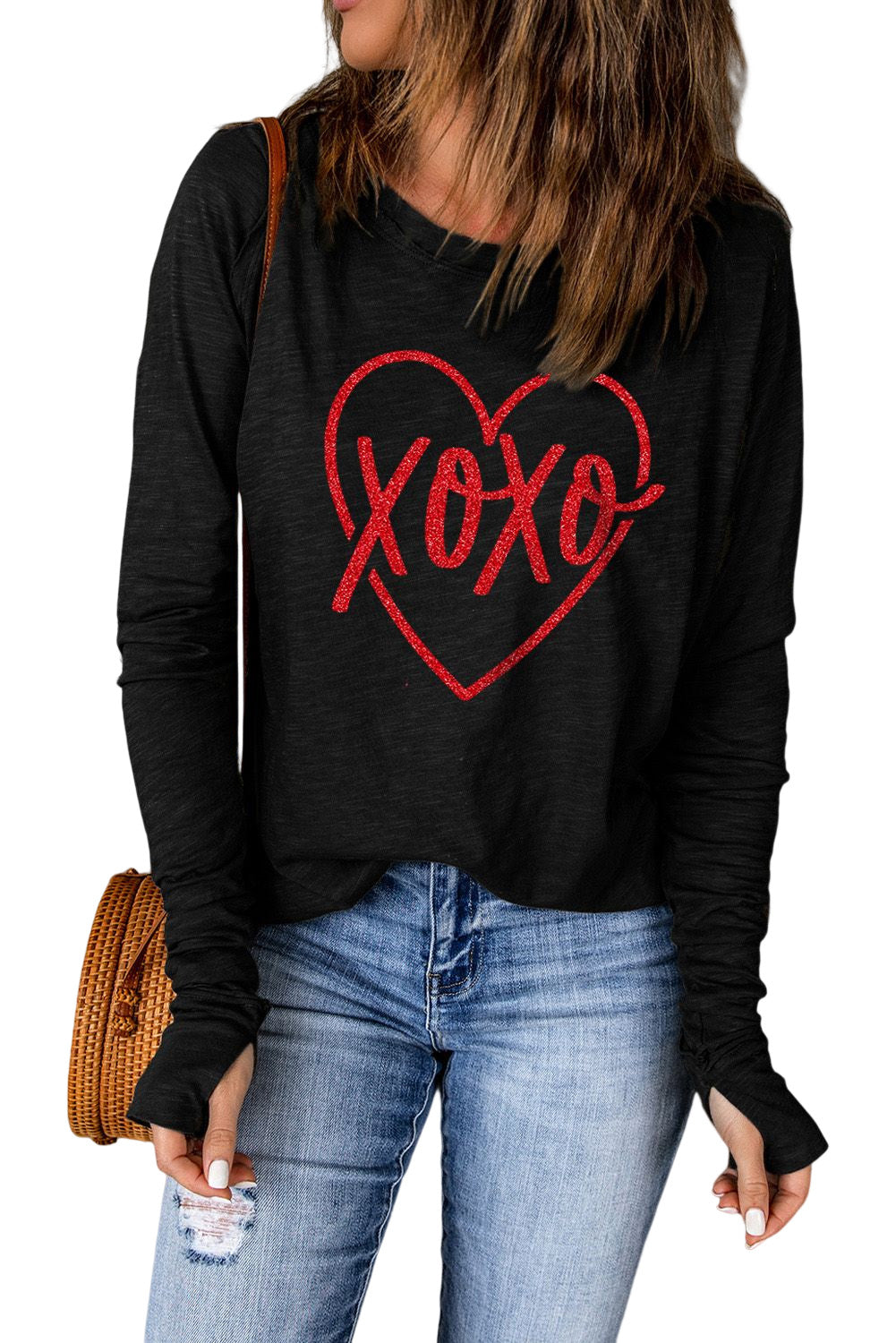 Xoxo Heart Shaped Print Long Sleeve Top | Black