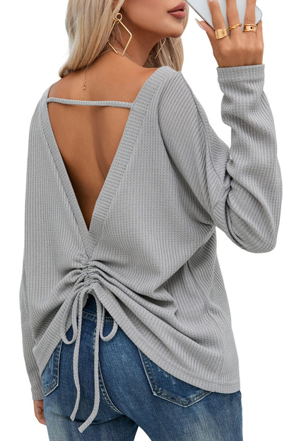 V Cut Drawstring Back Waffle Knit Long Sleeve Top | Gray