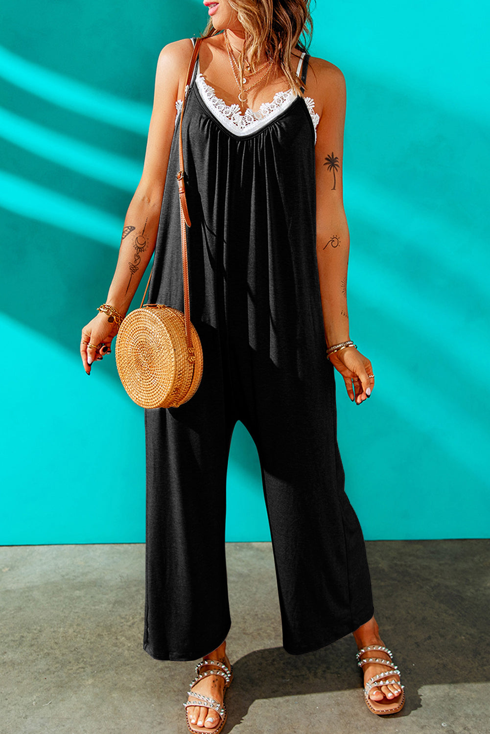 Spaghetti Straps Wide Leg Pocketed Jumpsuits | Black