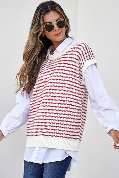 Ribbed Trim Loose Fit Knitted Sweater Vest | Red Stripe