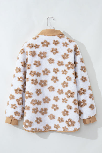 Cute Flower Pattern Button Up Fleece Jacket | Light French Beige