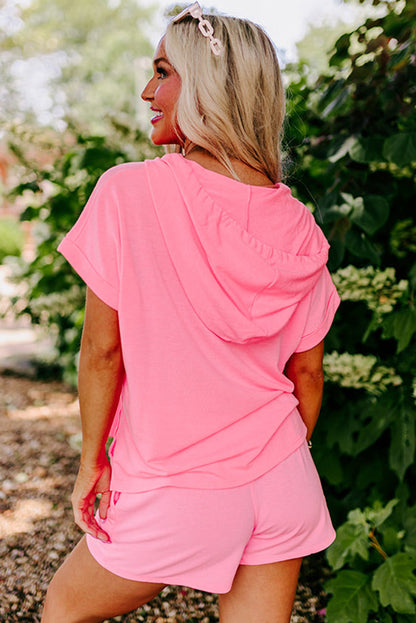 Hooded Short Sleeve Henley Top And Shorts Set | Peach Blossom