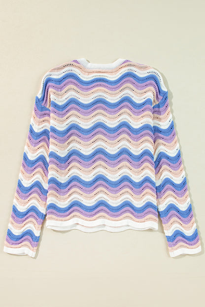 Wavy Pointelle Knit Drop Shoulder Sweater | Purple Stripe