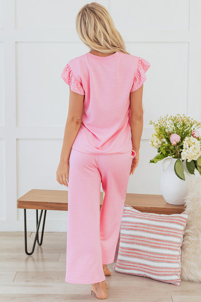 Textured Pearled Ruffled Sleeve Wide Leg Pants Set | Pink