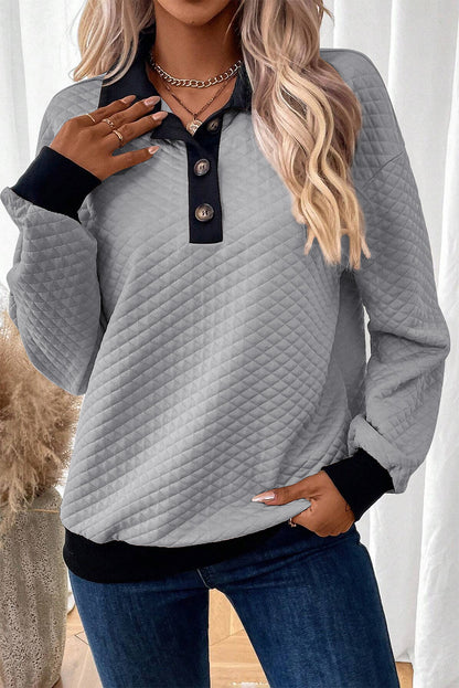 Textured Colourblock Edge Buttoned Collar Sweatshirt | Light Grey