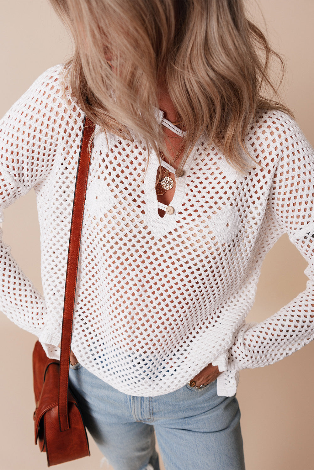 Open Knit Buttoned Neck Split Sleeve Sweater | White