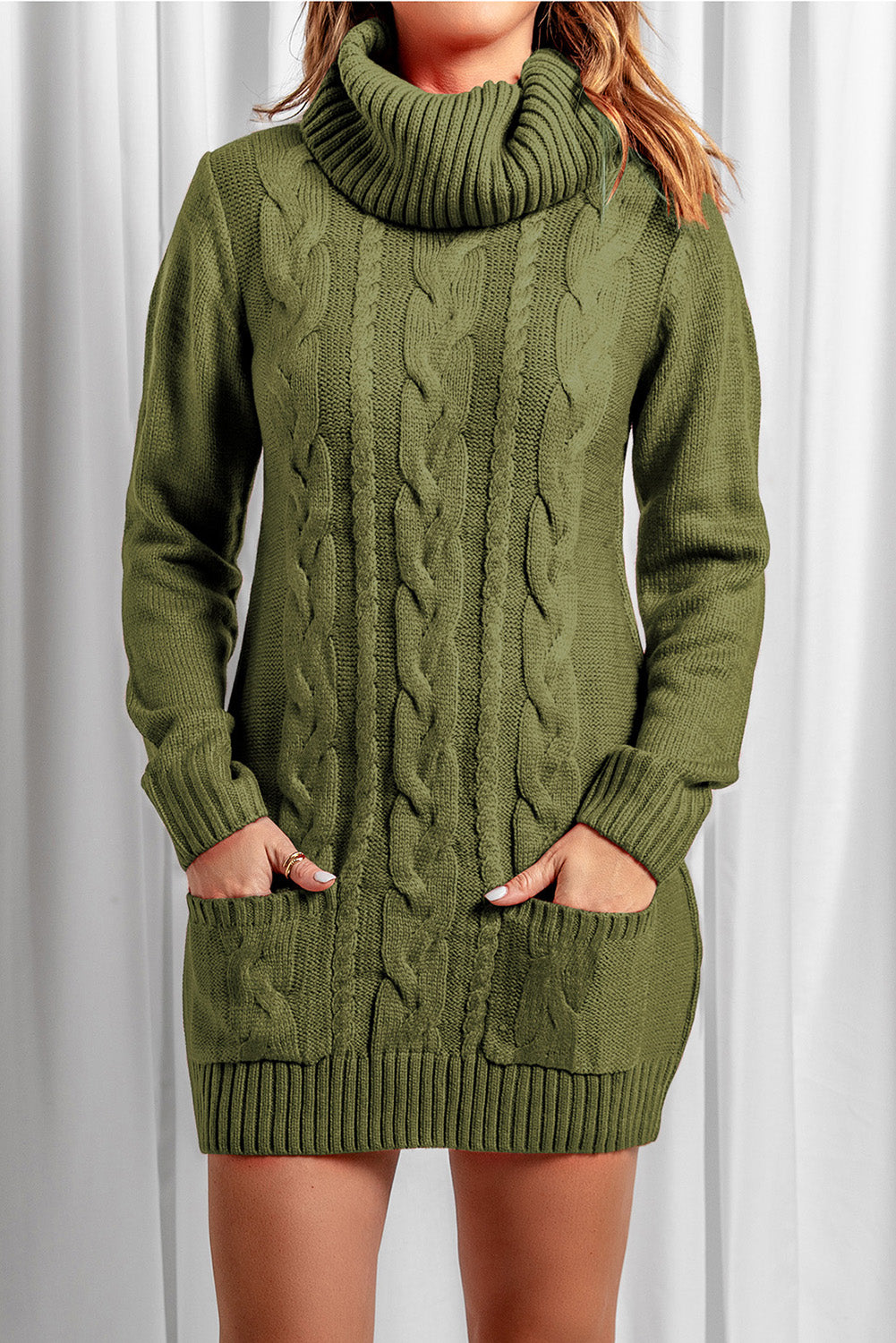 Olive Cowl Neck Cable Knit Sweater Dress | Green