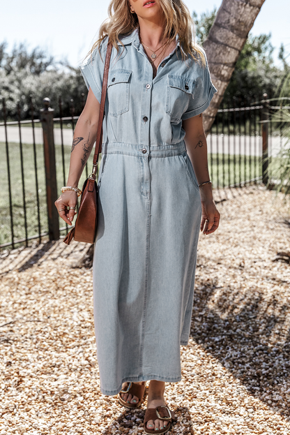 Short Batwing Sleeve Slit Back Denim Dress | Beau Blue