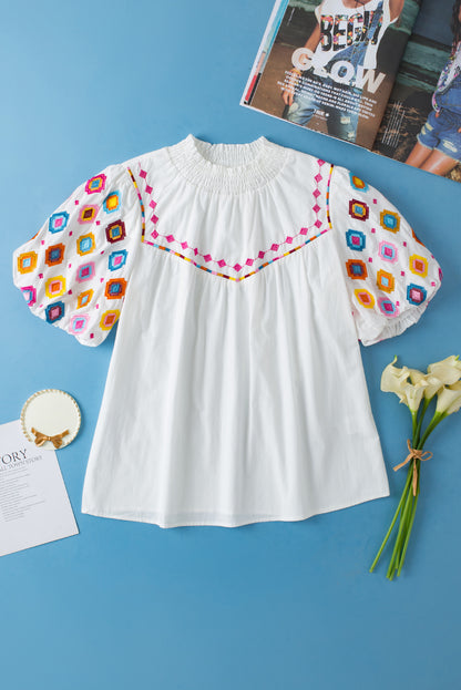 Embroidered Smocked Neck Puff Sleeve Top | White