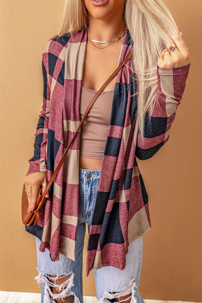 Draped Open Front Plaid Cardigan | Red