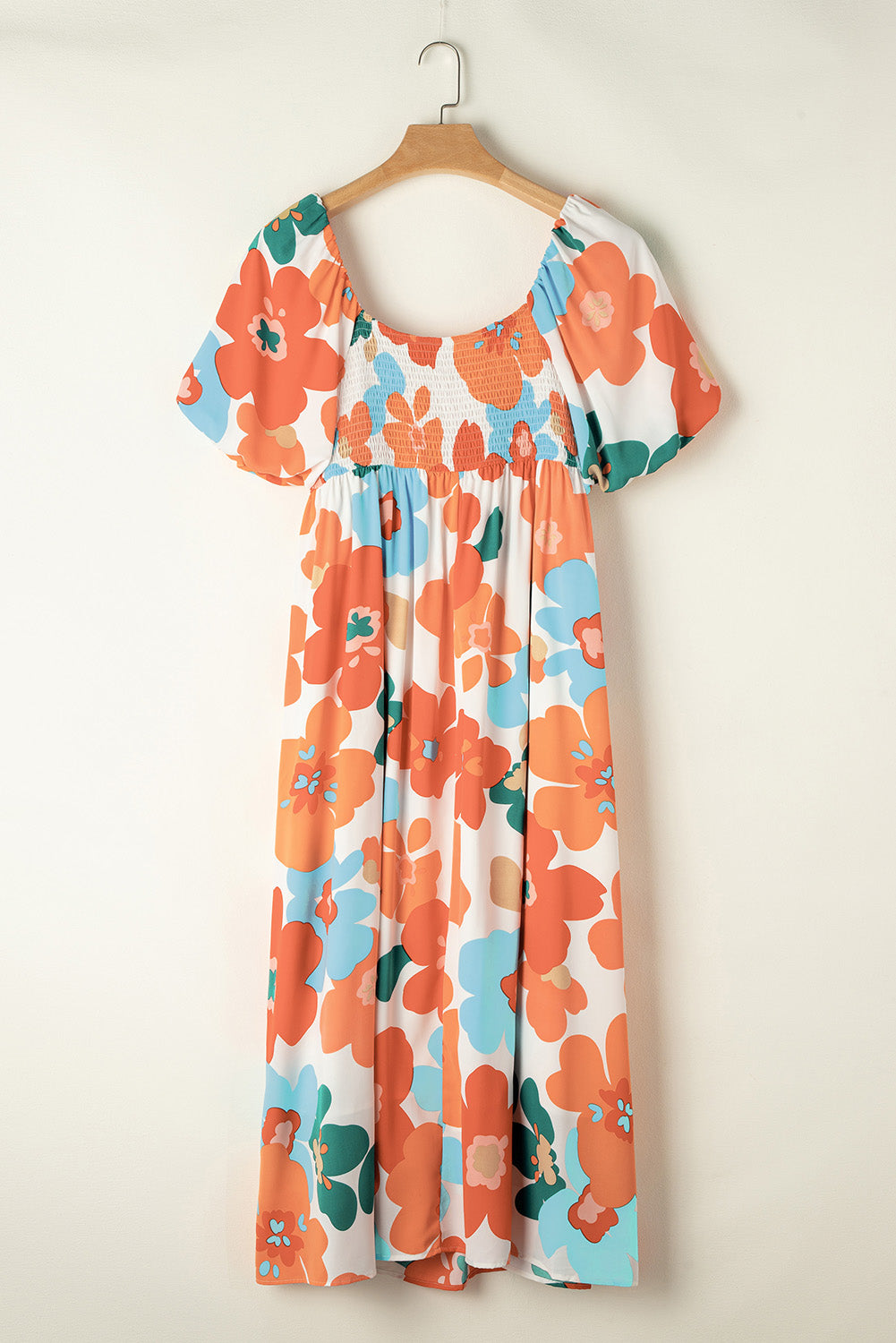 Plus Size Flower Print Shirred Square Neck Maxi Dress | Orange